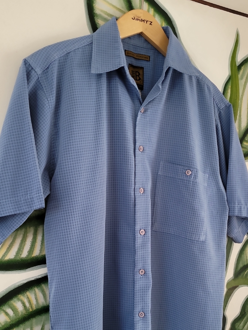 Bruno Sueded Microfiber Shirt Short Sleeve Button-Up Soft Blue Plaid Mens, Sz. M